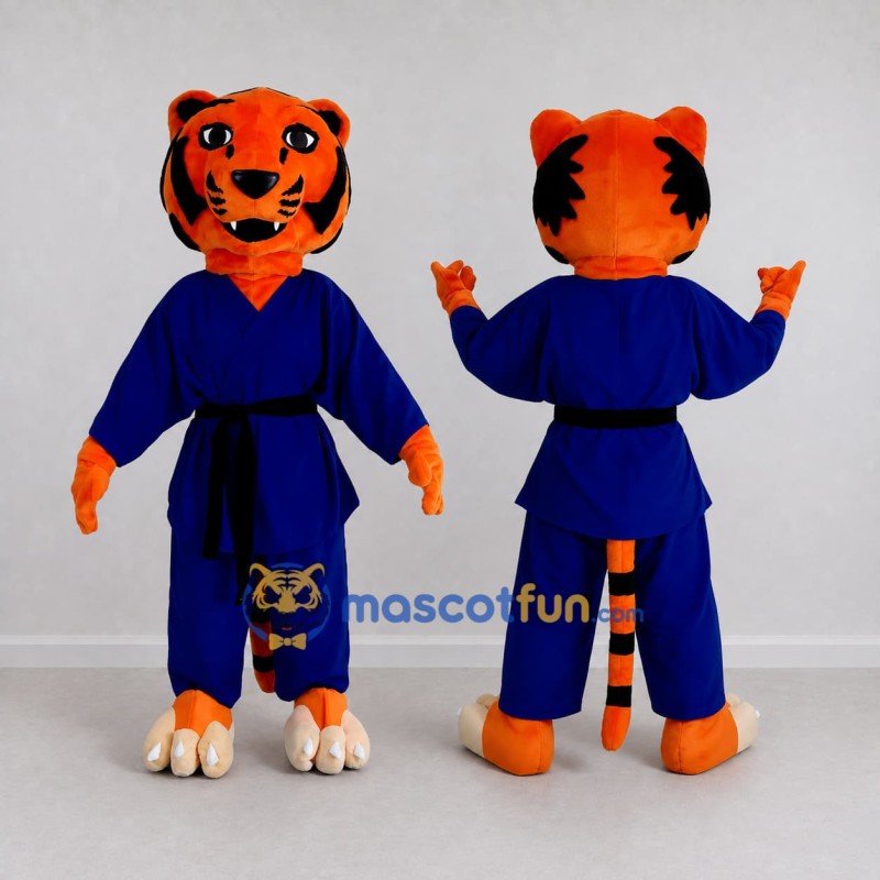 Custom Orange and Blue Tiger in Martial Arts Uniform Mascot Costume Adult Full Body Suit for Martial Arts Events Custom Orange and Blue Tiger in Martial Arts Uniform Mascot Costume Adult Full Body Suit for Martial Arts Events
