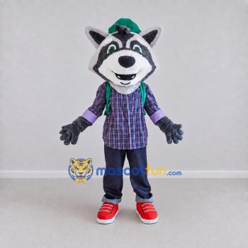Custom Gray and Green Raccoon with Backpack Mascot Costume Adult Full Body Suit for School Events Custom Gray and Green Raccoon with Backpack Mascot Costume Adult Full Body Suit for School Events