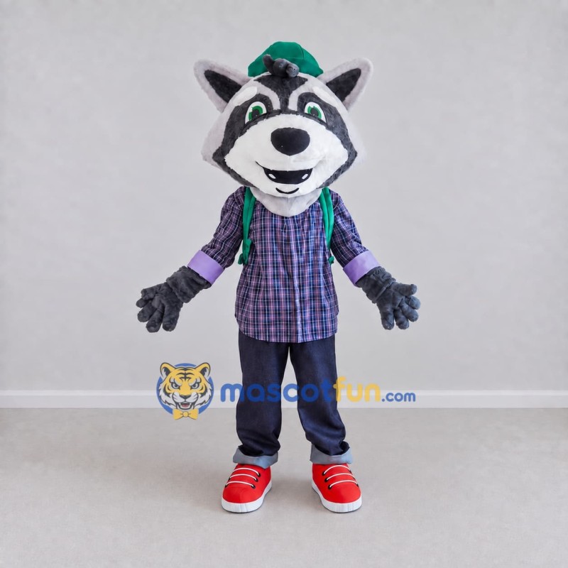 Custom Gray and Green Raccoon with Backpack Mascot Costume Adult Full Body Suit for School Events Custom Gray and Green Raccoon with Backpack Mascot Costume Adult Full Body Suit for School Events