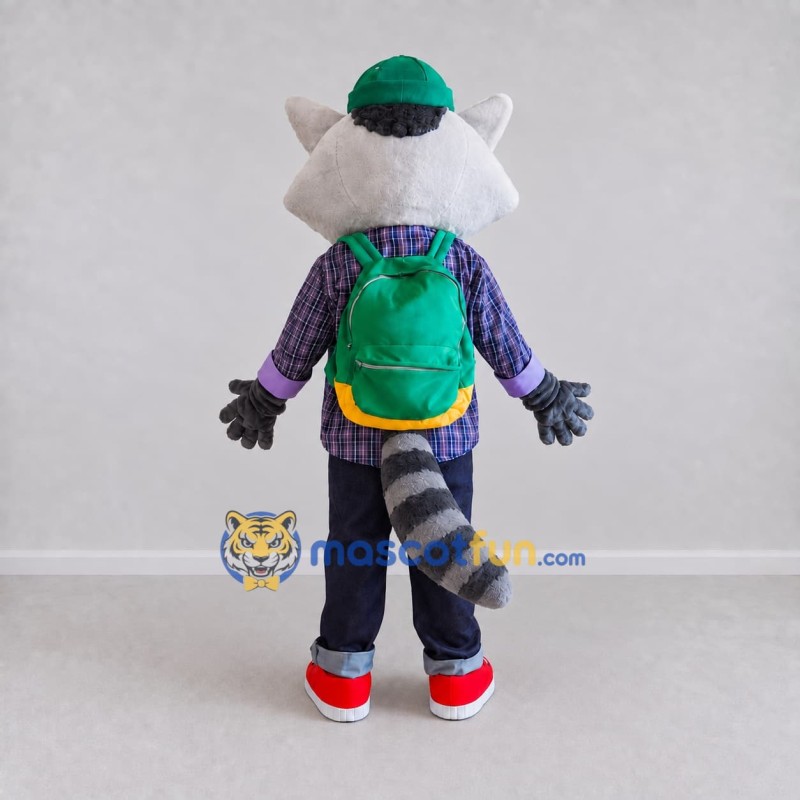 Custom Gray and Green Raccoon with Backpack Mascot Costume Adult Full Body Suit for School Events Custom Gray and Green Raccoon with Backpack Mascot Costume Adult Full Body Suit for School Events