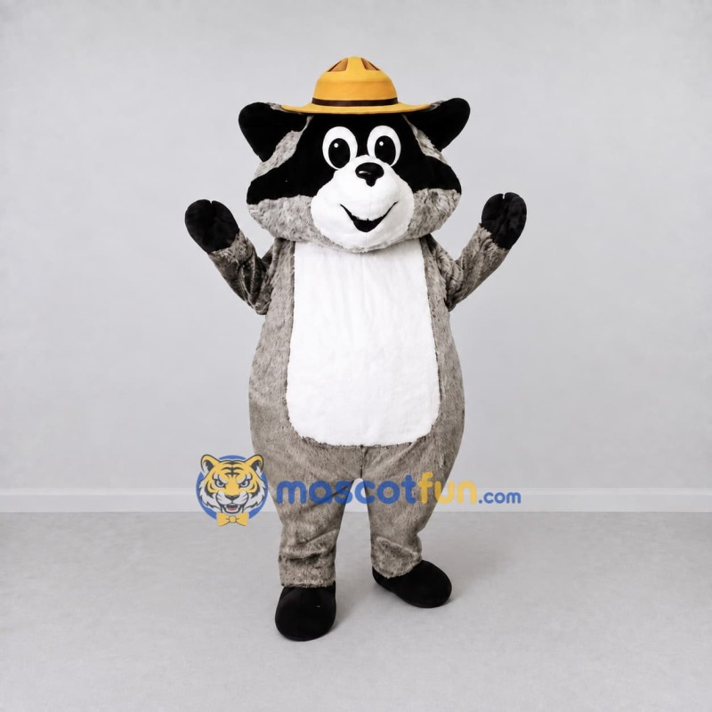 Custom Gray White and Yellow Raccoon in Hat Mascot Costume Adult Full Body Suit for Outdoor Events Custom Gray White and Yellow Raccoon in Hat Mascot Costume Adult Full Body Suit for Outdoor Events