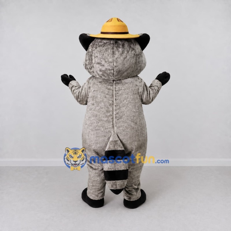 Custom Gray White and Yellow Raccoon in Hat Mascot Costume Adult Full Body Suit for Outdoor Events Custom Gray White and Yellow Raccoon in Hat Mascot Costume Adult Full Body Suit for Outdoor Events