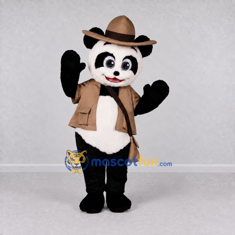 Custom Black White and Tan Panda Explorer Mascot Costume Adult Full Body Suit for Outdoor Events