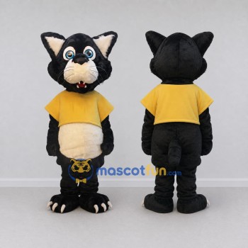 Custom Black and Yellow Wolf in T Shirt Mascot Costume Adult Full Body Suit for School Events