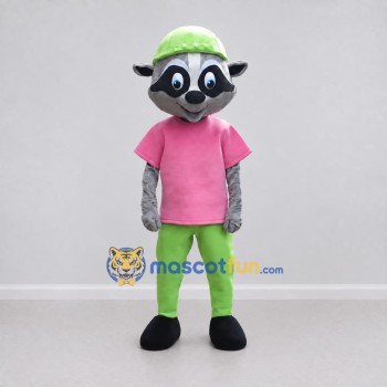 Custom Gray Pink and Green Raccoon in Cap Mascot Costume Adult Full Body Suit for School Events Custom Gray Pink and Green Raccoon in Cap Mascot Costume Adult Full Body Suit for School Events