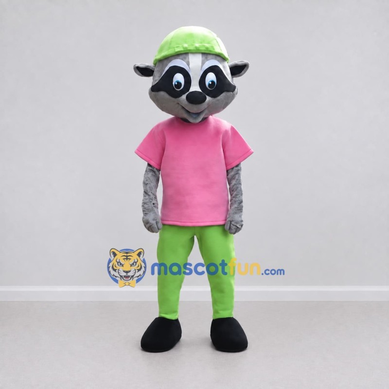 Custom Gray Pink and Green Raccoon in Cap Mascot Costume Adult Full Body Suit for School Events Custom Gray Pink and Green Raccoon in Cap Mascot Costume Adult Full Body Suit for School Events