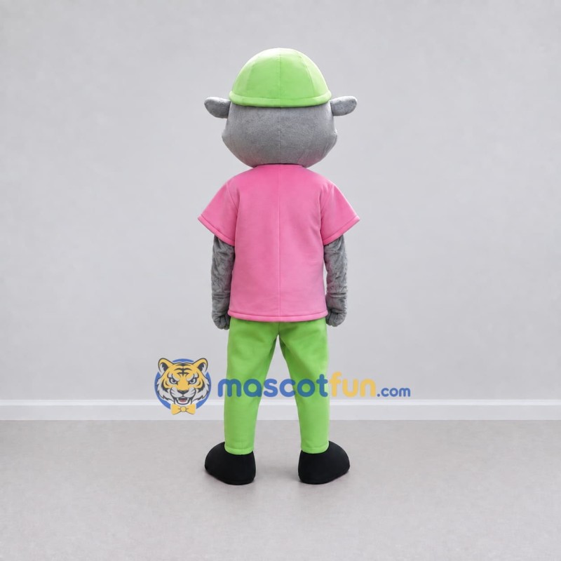 Custom Gray Pink and Green Raccoon in Cap Mascot Costume Adult Full Body Suit for School Events Custom Gray Pink and Green Raccoon in Cap Mascot Costume Adult Full Body Suit for School Events