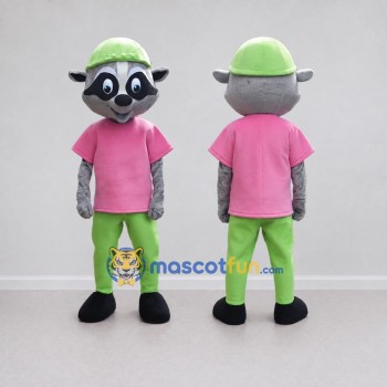 Custom Gray Pink and Green Raccoon in Cap Mascot Costume Adult Full Body Suit for School Events