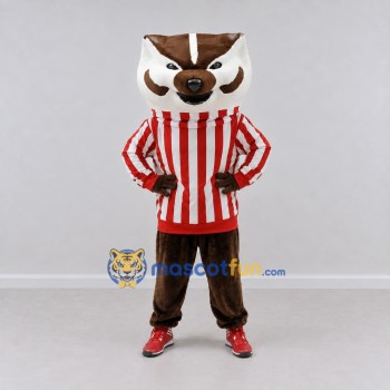 Custom Brown White and Red Badger in Striped Shirt Mascot Costume Adult Full Body Suit for Sports Events