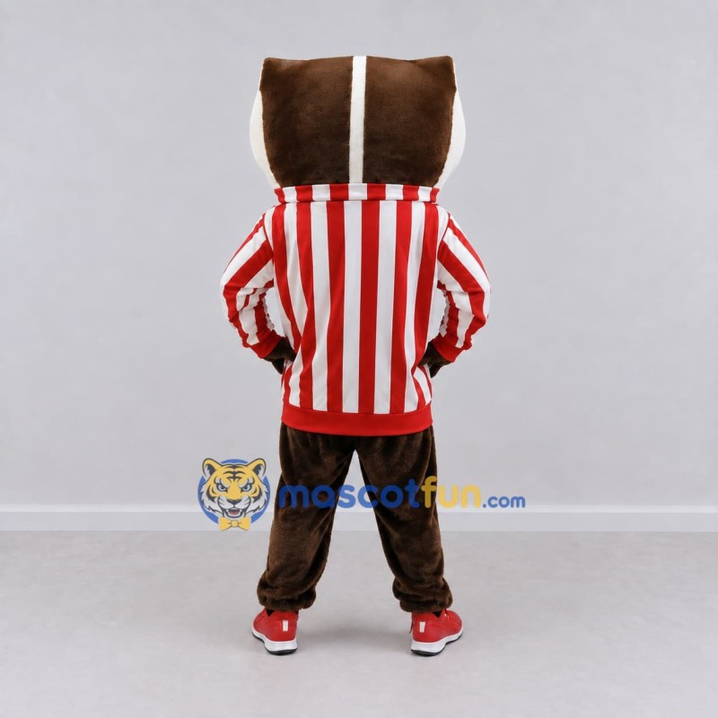 Custom Brown White and Red Badger in Striped Shirt Mascot Costume Adult Full Body Suit for Sports Events Custom Brown White and Red Badger in Striped Shirt Mascot Costume Adult Full Body Suit for Sports Events