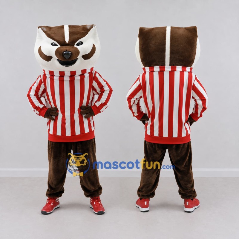 Custom Brown White and Red Badger in Striped Shirt Mascot Costume Adult Full Body Suit for Sports Events Custom Brown White and Red Badger in Striped Shirt Mascot Costume Adult Full Body Suit for Sports Events