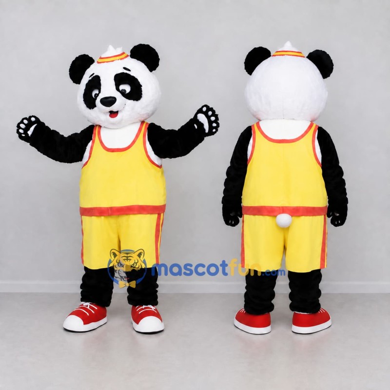 Custom Black White and Yellow Panda in Basketball Uniform Mascot Costume Adult Full Body Suit for Sports Events Custom Black White and Yellow Panda in Basketball Uniform Mascot Costume Adult Full Body Suit for Sports Events