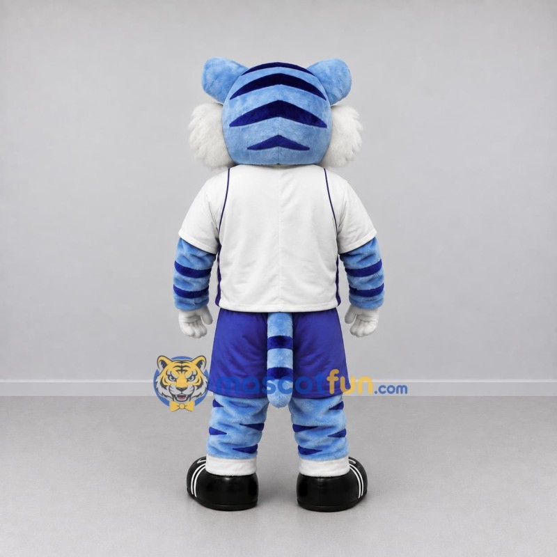 Custom Blue and White Tiger in Sportswear Mascot Costume Adult Full Body Suit for Sports Events Custom Blue and White Tiger in Sportswear Mascot Costume Adult Full Body Suit for Sports Events