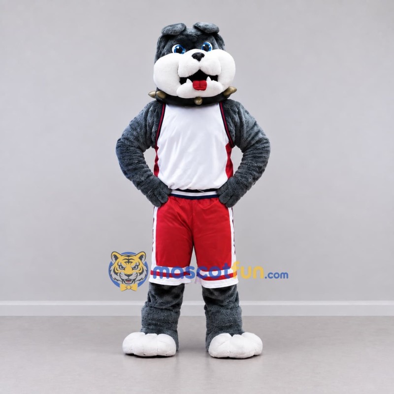 Custom Gray White and Red Bulldog in Sportswear Mascot Costume Adult Full Body Suit for Sports Events Custom Gray White and Red Bulldog in Sportswear Mascot Costume Adult Full Body Suit for Sports Events