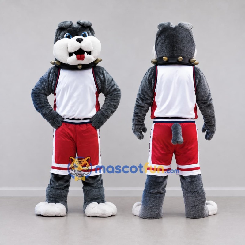 Custom Gray White and Red Bulldog in Sportswear Mascot Costume Adult Full Body Suit for Sports Events Custom Gray White and Red Bulldog in Sportswear Mascot Costume Adult Full Body Suit for Sports Events