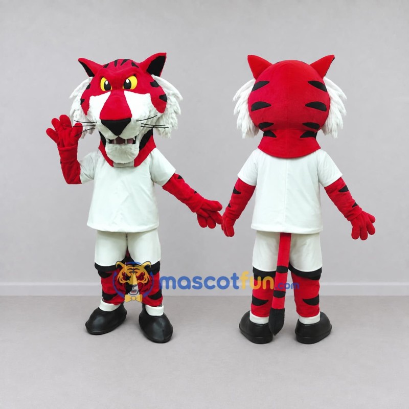Custom Red Black and White Tiger in Sportswear Mascot Costume Adult Full Body Suit for Sports Events