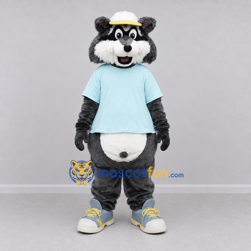 Custom Gray and Light Blue Raccoon in T Shirt Mascot Costume Adult Full Body Suit for School Events Custom Gray and Light Blue Raccoon in T Shirt Mascot Costume Adult Full Body Suit for School Events