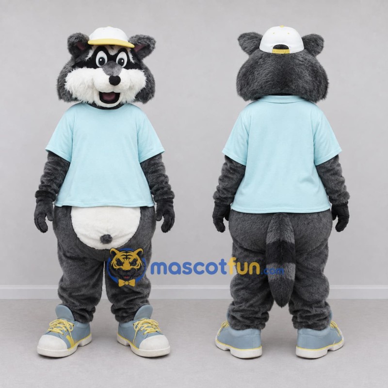 Custom Gray and Light Blue Raccoon in T Shirt Mascot Costume Adult Full Body Suit for School Events Custom Gray and Light Blue Raccoon in T Shirt Mascot Costume Adult Full Body Suit for School Events