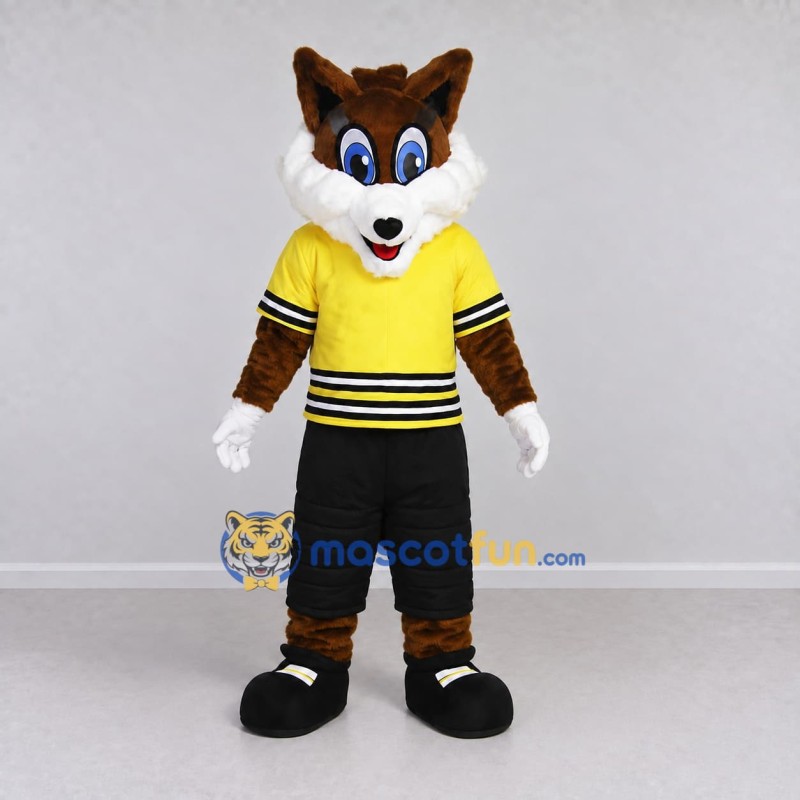 Custom Brown White and Yellow Fox in Sportswear Mascot Costume Adult Full Body Suit for Sports Events Custom Brown White and Yellow Fox in Sportswear Mascot Costume Adult Full Body Suit for Sports Events