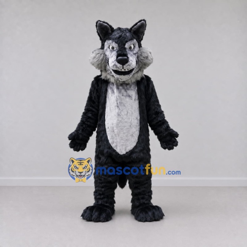 Custom Dark Gray and Black Wolf Mascot Costume Adult Full Body Suit for School Events