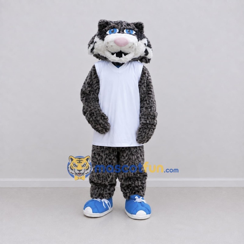 Custom Gray and White Leopard in Sportswear Mascot Costume Adult Full Body Suit for Sports Events Custom Gray and White Leopard in Sportswear Mascot Costume Adult Full Body Suit for Sports Events