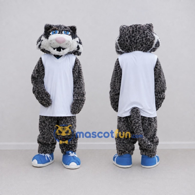 Custom Gray and White Leopard in Sportswear Mascot Costume Adult Full Body Suit for Sports Events Custom Gray and White Leopard in Sportswear Mascot Costume Adult Full Body Suit for Sports Events