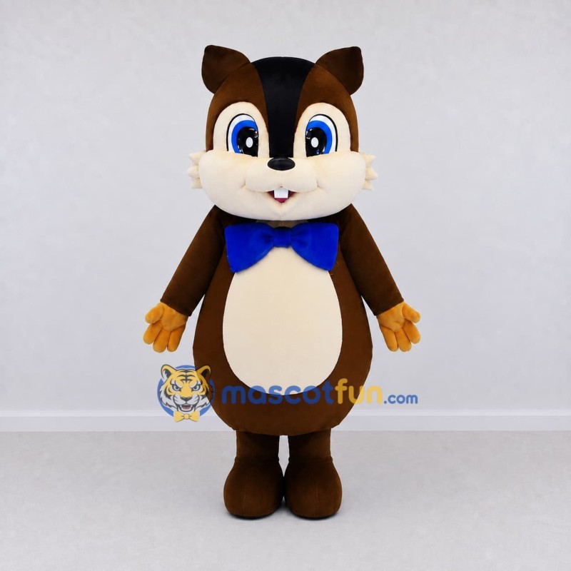 Custom Brown Cream and Blue Chipmunk with Bow Tie Mascot Costume Adult Full Body Suit for School Events