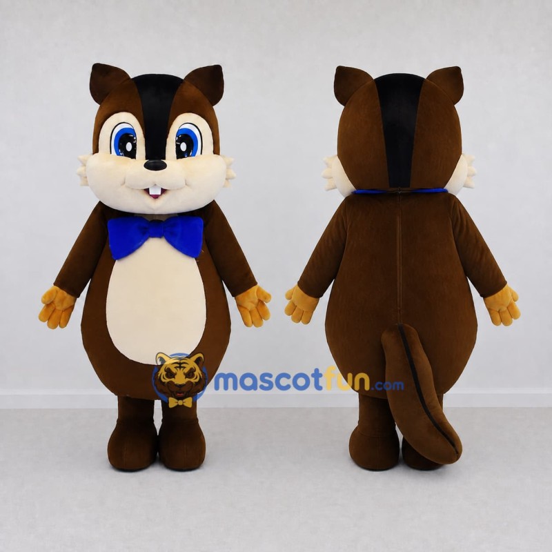 Custom Brown Cream and Blue Chipmunk with Bow Tie Mascot Costume Adult Full Body Suit for School Events