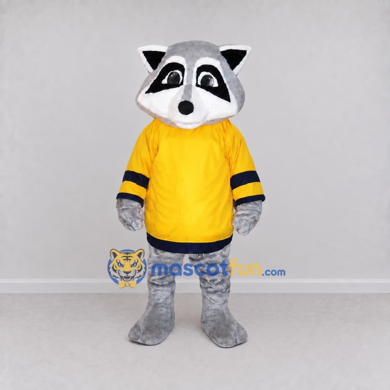 Custom Gray and Yellow Raccoon in Sportswear Mascot Costume Adult Full Body Suit for Sports Events Custom Gray and Yellow Raccoon in Sportswear Mascot Costume Adult Full Body Suit for Sports Events