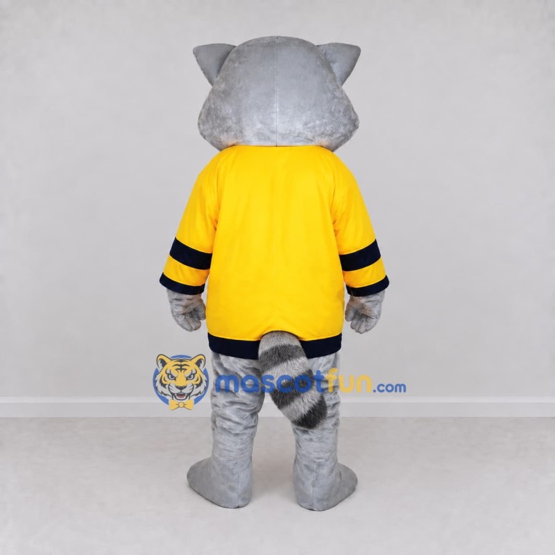 Custom Gray and Yellow Raccoon in Sportswear Mascot Costume Adult Full Body Suit for Sports Events Custom Gray and Yellow Raccoon in Sportswear Mascot Costume Adult Full Body Suit for Sports Events