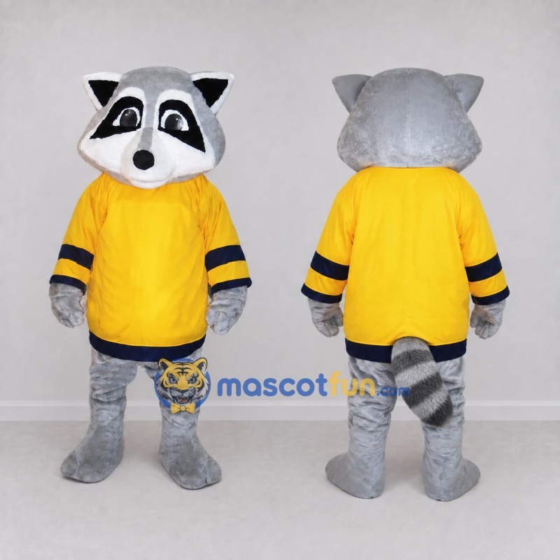 Custom Gray and Yellow Raccoon in Sportswear Mascot Costume Adult Full Body Suit for Sports Events Custom Gray and Yellow Raccoon in Sportswear Mascot Costume Adult Full Body Suit for Sports Events