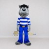 Custom Gray Blue and White Wolf in Striped Shirt Mascot Costume Adult Full Body Suit for School Events Custom Gray Blue and White Wolf in Striped Shirt Mascot Costume Adult Full Body Suit for School Events
