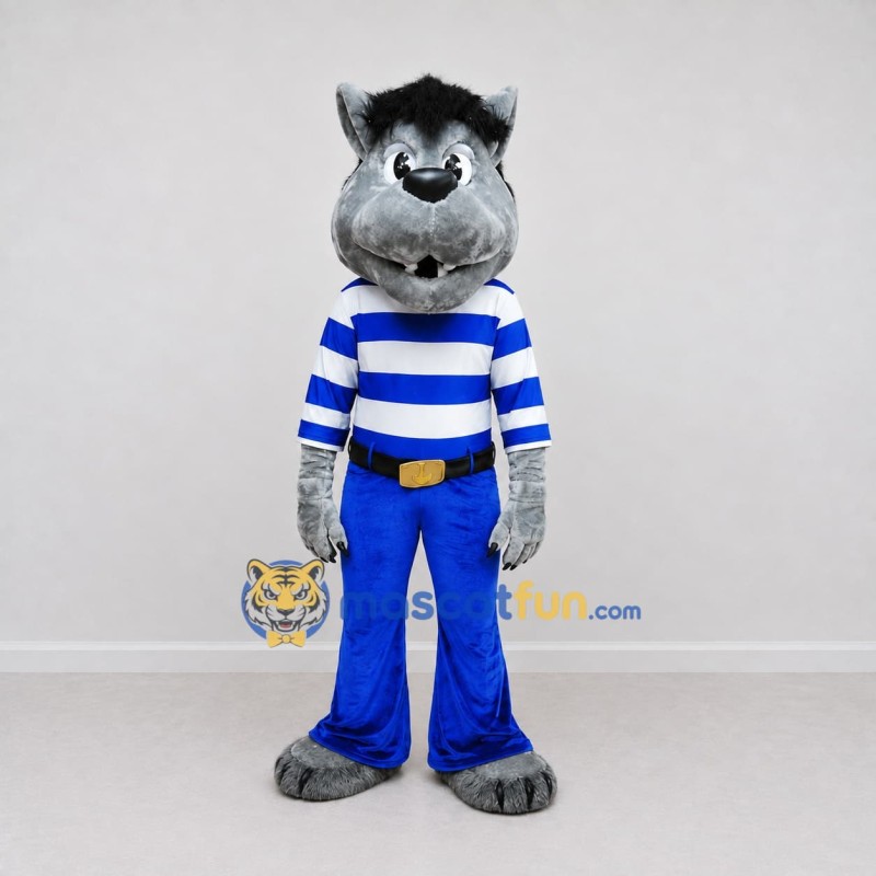 Custom Gray Blue and White Wolf in Striped Shirt Mascot Costume Adult Full Body Suit for School Events Custom Gray Blue and White Wolf in Striped Shirt Mascot Costume Adult Full Body Suit for School Events