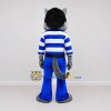 Custom Gray Blue and White Wolf in Striped Shirt Mascot Costume Adult Full Body Suit for School Events Custom Gray Blue and White Wolf in Striped Shirt Mascot Costume Adult Full Body Suit for School Events