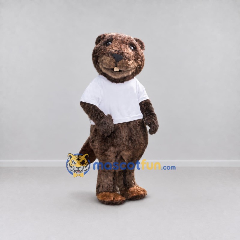 Custom Brown and White Beaver in T Shirt Mascot Costume Adult Full Body Suit for School Events Custom Brown and White Beaver in T Shirt Mascot Costume Adult Full Body Suit for School Events