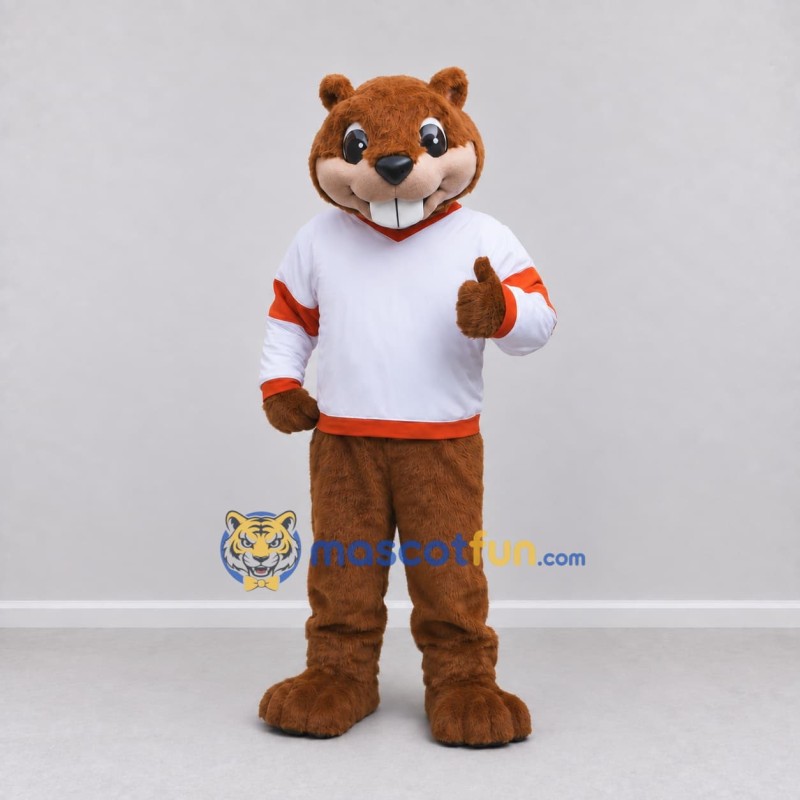 Custom Brown White and Orange Beaver in Sportswear Mascot Costume Adult Full Body Suit for Sports Events Custom Brown White and Orange Beaver in Sportswear Mascot Costume Adult Full Body Suit for Sports Events