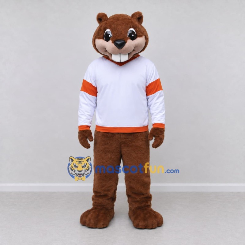 Custom Brown White and Orange Beaver in Sportswear Mascot Costume Adult Full Body Suit for Sports Events Custom Brown White and Orange Beaver in Sportswear Mascot Costume Adult Full Body Suit for Sports Events