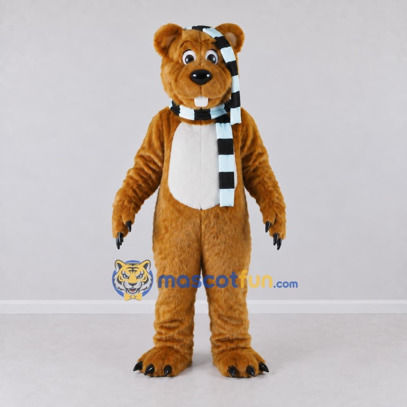 Custom Brown Black and White Beaver with Scarf Mascot Costume Adult Full Body Suit for Winter Events