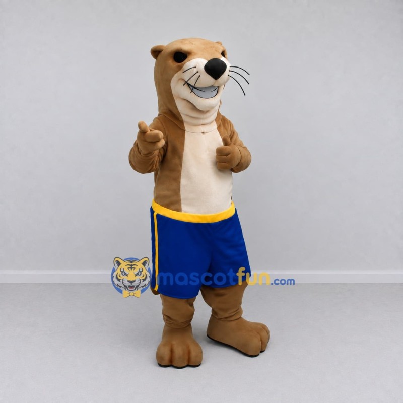 Custom Tan and Blue Otter in Sports Shorts Mascot Costume Adult Full Body Suit for Sports Events