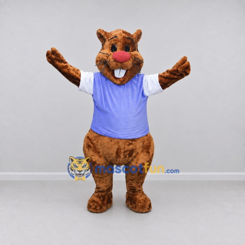 Custom Brown and Purple Beaver in T Shirt Mascot Costume Adult Full Body Suit for School Events Custom Brown and Purple Beaver in T Shirt Mascot Costume Adult Full Body Suit for School Events