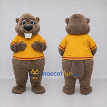 Custom Gray Brown and Yellow Beaver in T Shirt Mascot Costume Adult Full Body Suit for School Events