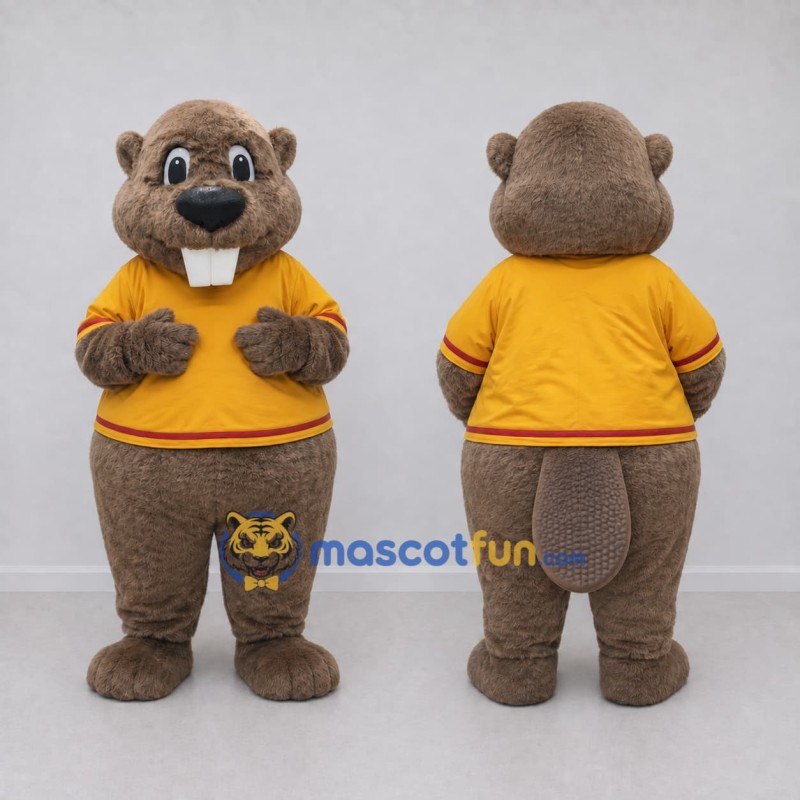 Custom Gray Brown and Yellow Beaver in T Shirt Mascot Costume Adult Full Body Suit for School Events Custom Gray Brown and Yellow Beaver in T Shirt Mascot Costume Adult Full Body Suit for School Events