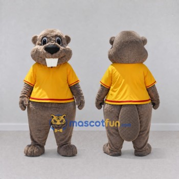 Custom Gray Brown and Yellow Beaver in T Shirt Mascot Costume Adult Full Body Suit for School Events