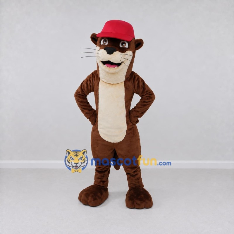 Custom Brown Cream and Red Otter in Cap Mascot Costume Adult Full Body Suit for School Events Custom Brown Cream and Red Otter in Cap Mascot Costume Adult Full Body Suit for School Events