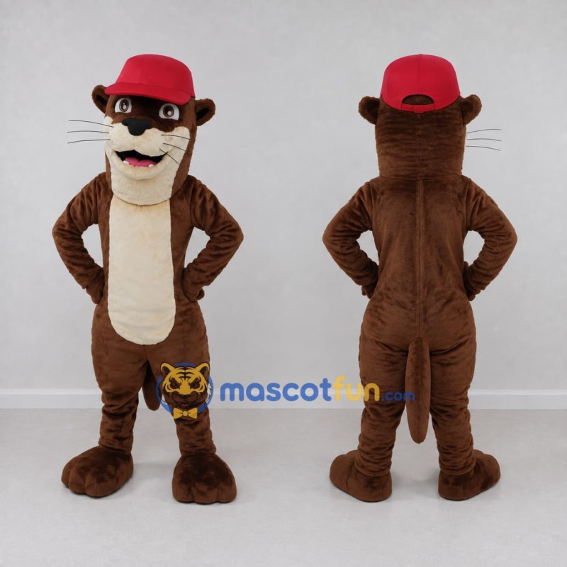 Custom Brown Cream and Red Otter in Cap Mascot Costume Adult Full Body Suit for School Events Custom Brown Cream and Red Otter in Cap Mascot Costume Adult Full Body Suit for School Events