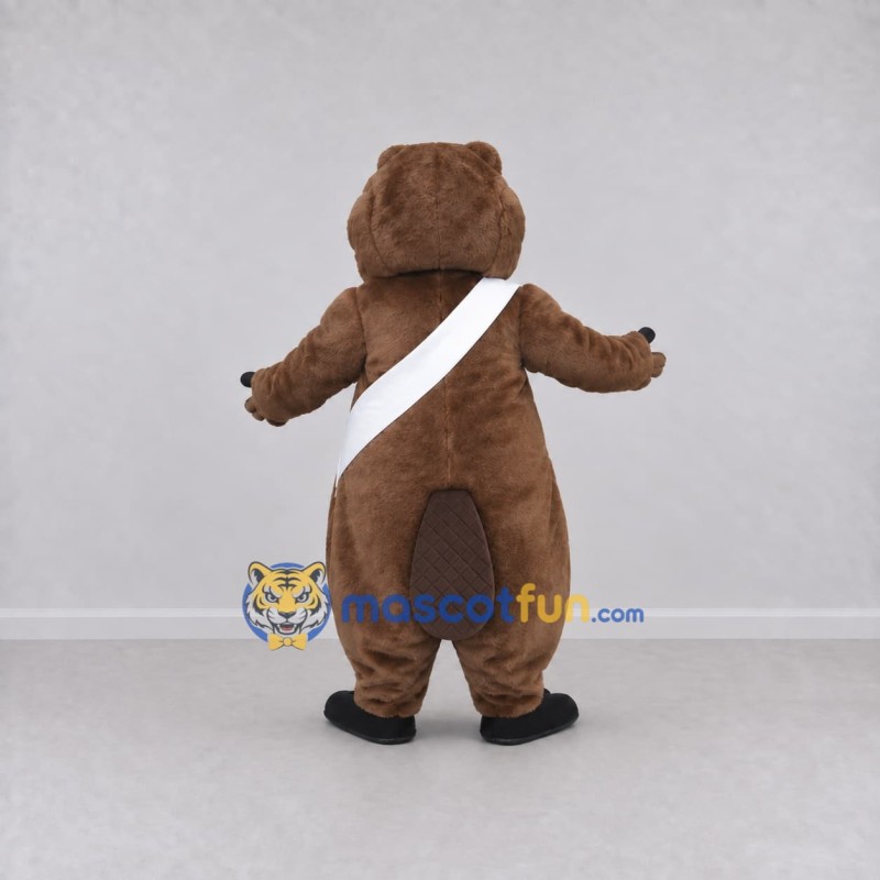 Custom Brown and White Beaver with Sash Mascot Costume Adult Full Body Suit for School Events Custom Brown and White Beaver with Sash Mascot Costume Adult Full Body Suit for School Events