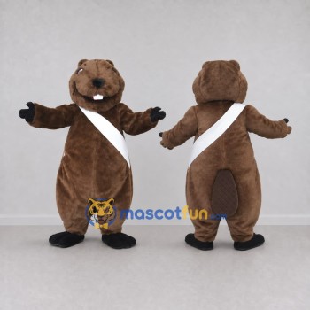 Custom Brown and White Beaver with Sash Mascot Costume Adult Full Body Suit for School Events