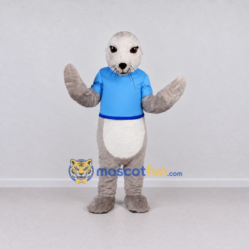 Custom Light Gray and Blue Seal in T Shirt Mascot Costume Adult Full Body Suit for Ocean Events Custom Light Gray and Blue Seal in T Shirt Mascot Costume Adult Full Body Suit for Ocean Events