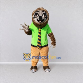 Custom Brown Lime Green and Tan Sloth in Shirt and Tie Mascot Costume Adult Full Body Suit for School Events