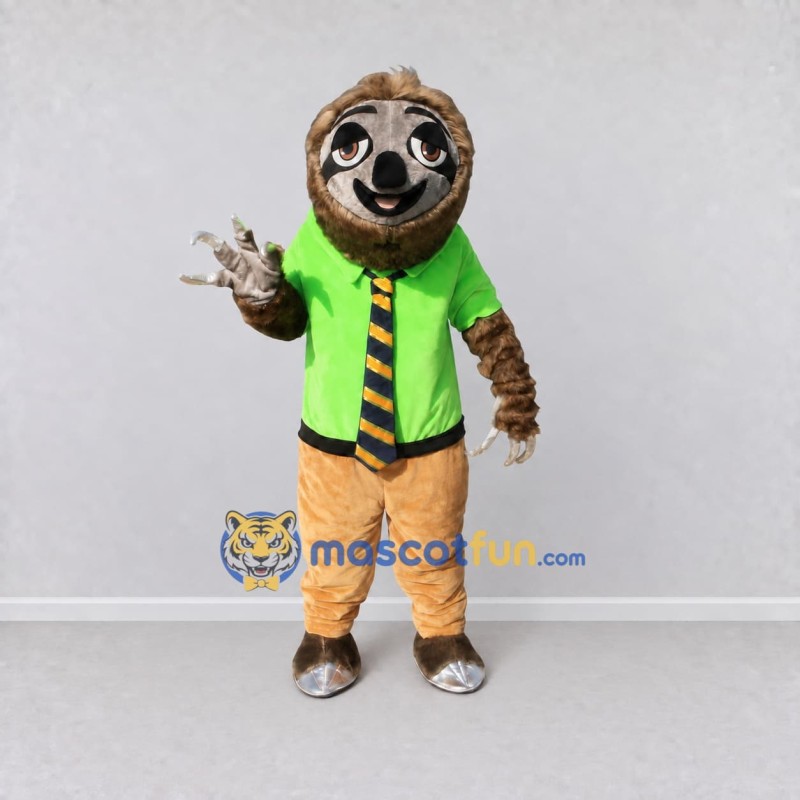 Custom Brown Lime Green and Tan Sloth in Shirt and Tie Mascot Costume Adult Full Body Suit for School Events